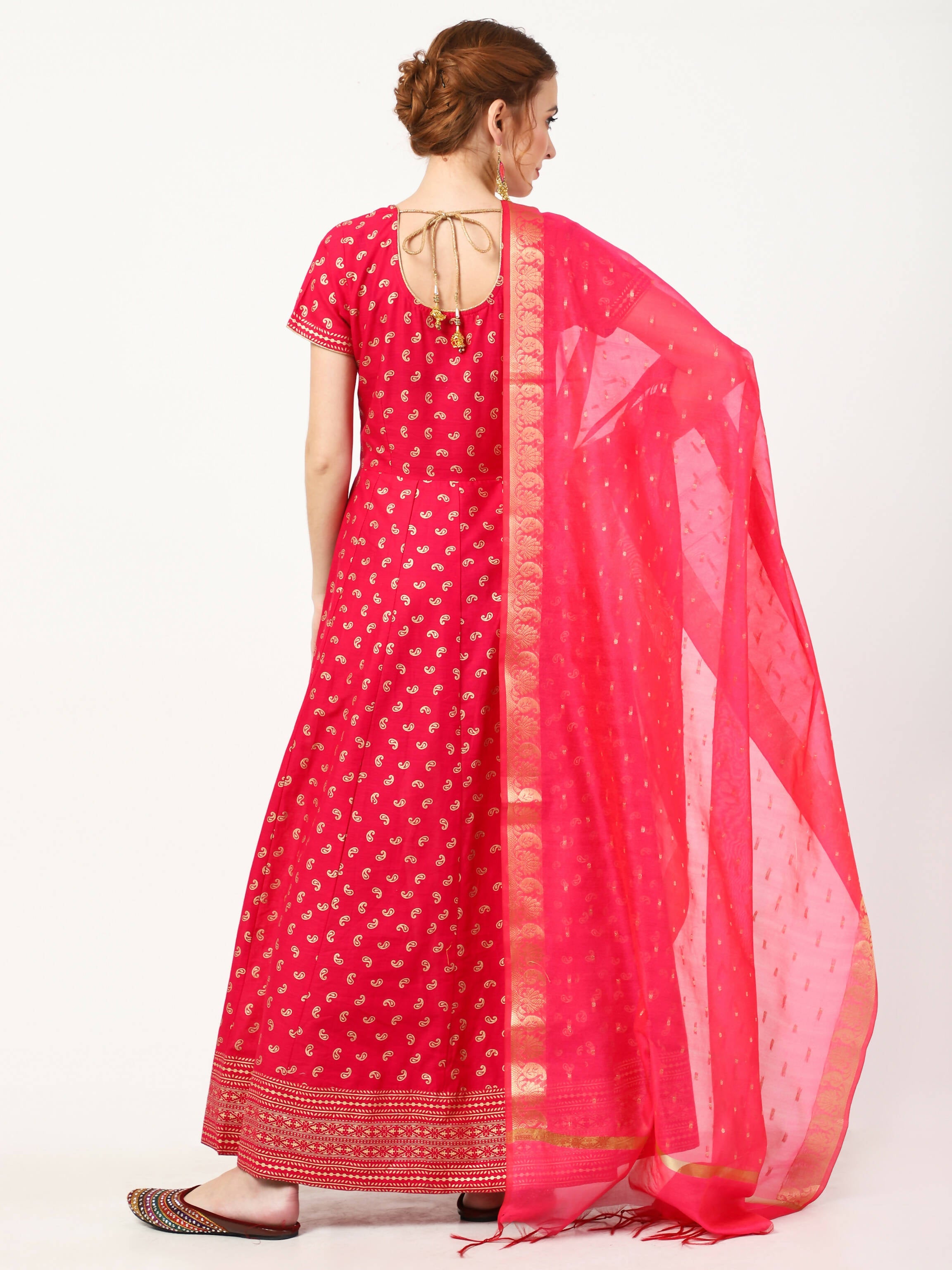 Cheera Women's Deep Pink Cotton & Silk Hand Block Print Long Dress With Silk Dupatta Set | Grocsy
