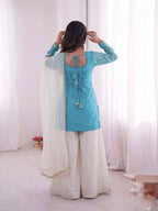 Teeya Creation Blue And White Color Fendy Silk Embroidery Work Wedding Wear Salwar Suit | Grocsy