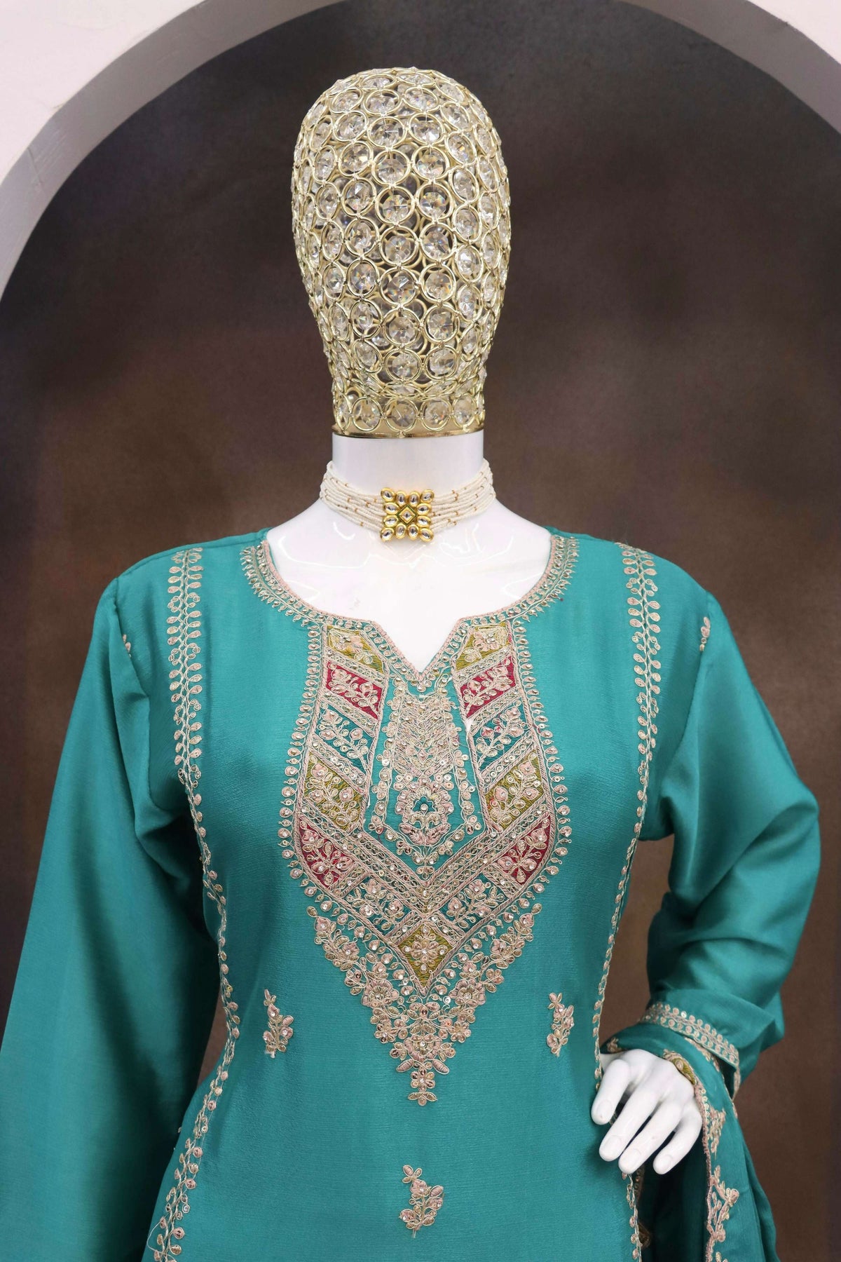 Anaita Turquoise Heavy Chinon Readymade Suit with Embroidery & Sequence Work | Grocsy