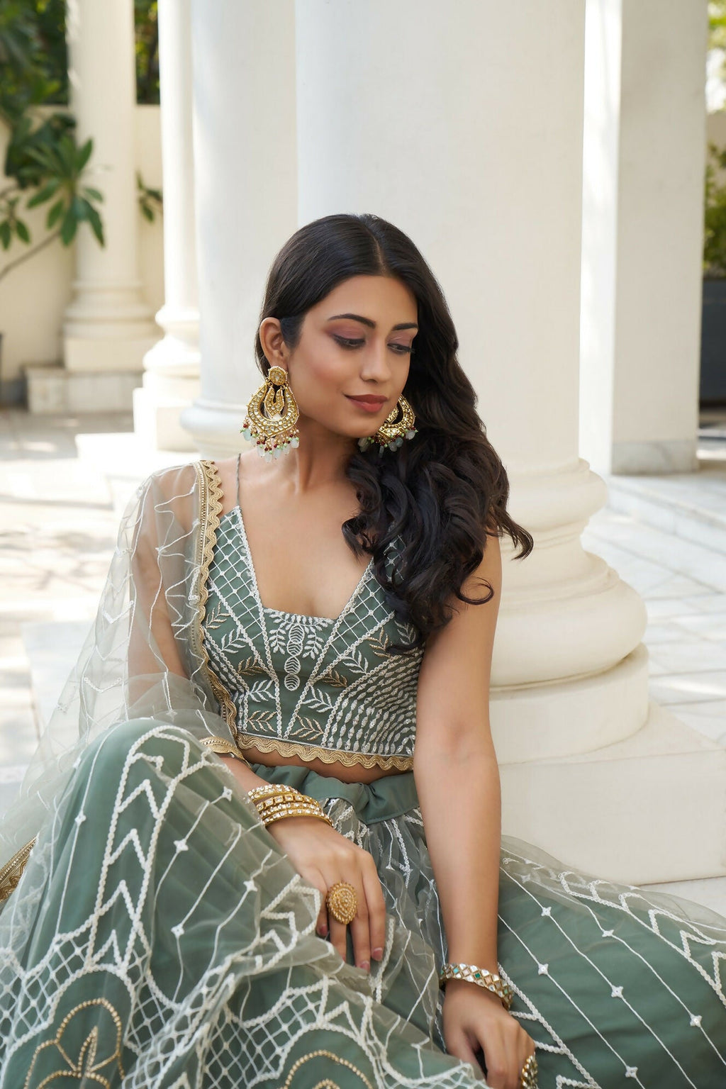 Eilara Glamorous Dusty Green Butterfly Net With Thread And Sequence Embroidered Work Fancy Lace Lehenga Choli For Wedding | Grocsy