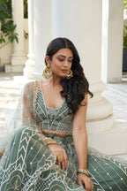 Eilara Glamorous Dusty Green Butterfly Net With Thread And Sequence Embroidered Work Fancy Lace Lehenga Choli For Wedding | Grocsy
