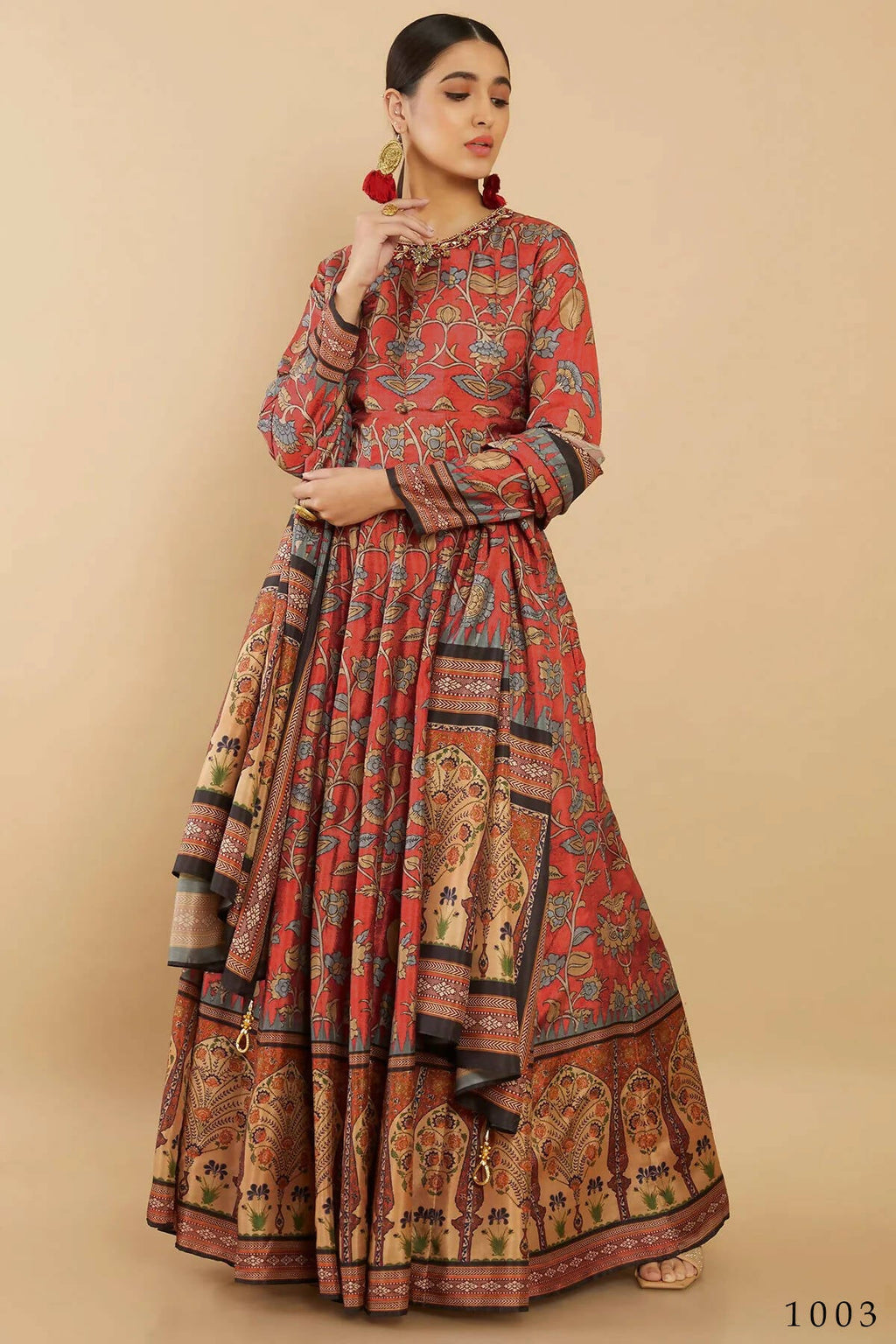 Women's Partywear Designer Red Soft Dola Silk Anarkali suit with Dupatta - Kalishta | Grocsy