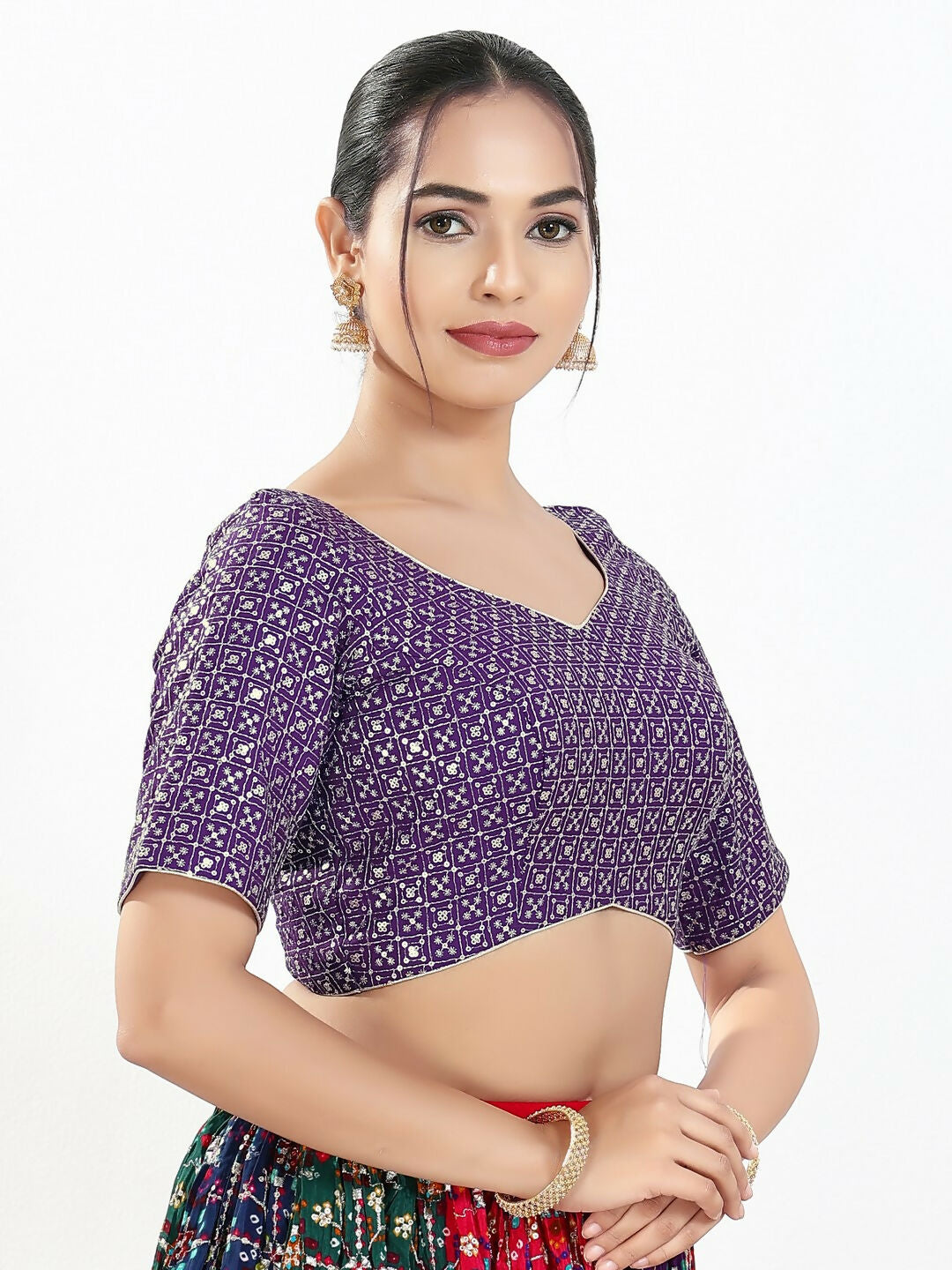 Joban Fashion Brinjal Silk Padded Blouse With Sweetheart Neck Elbow Sleeves | Grocsy