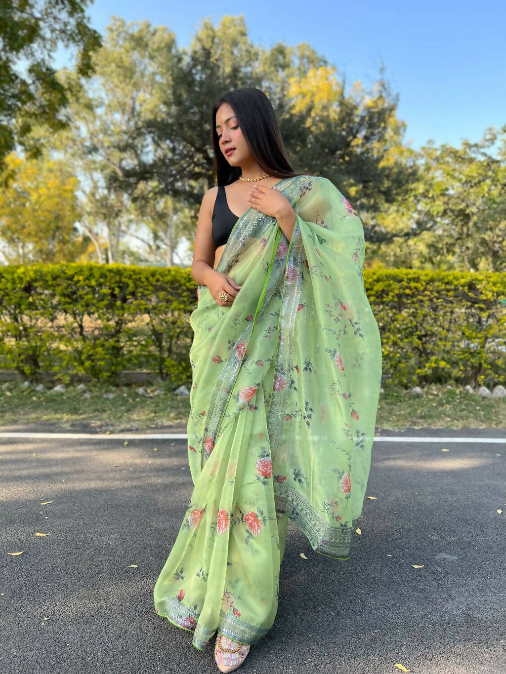 Vamsee Green Organza Saree | Grocsy