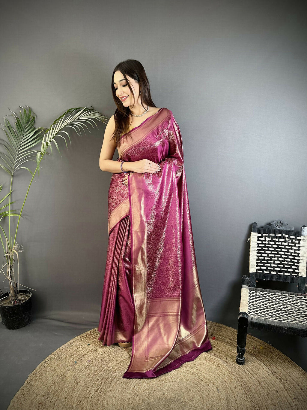 Joban Fashion Purple Floral Motifs & Ethnic Design Soft Satin Silk Kanchipuram Saree | Grocsy