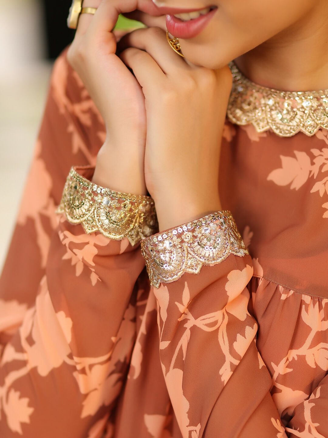 Janasya Brown Georgette Floral Kurta, Bottom & Inner | Grocsy