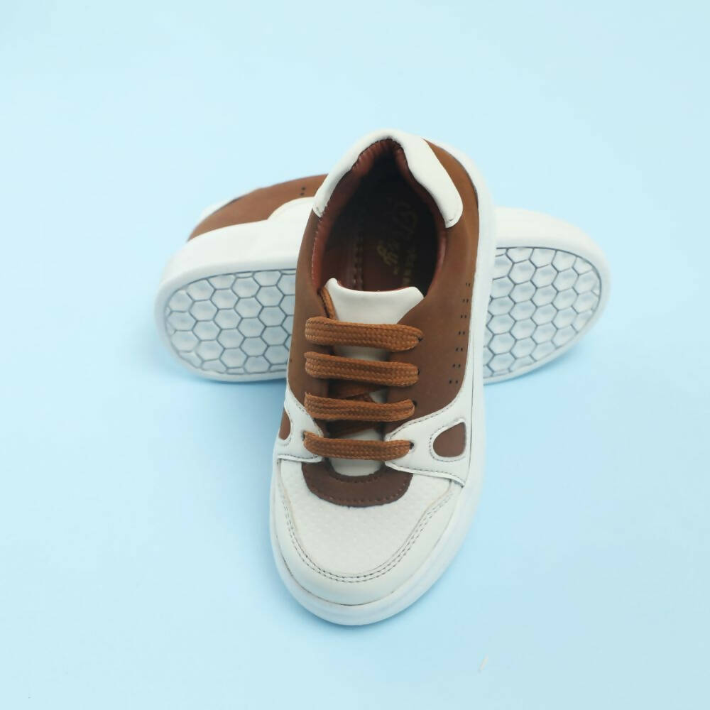Tiny Bugs Boys Lace Up Casual Shoes - White & Brown | Grocsy