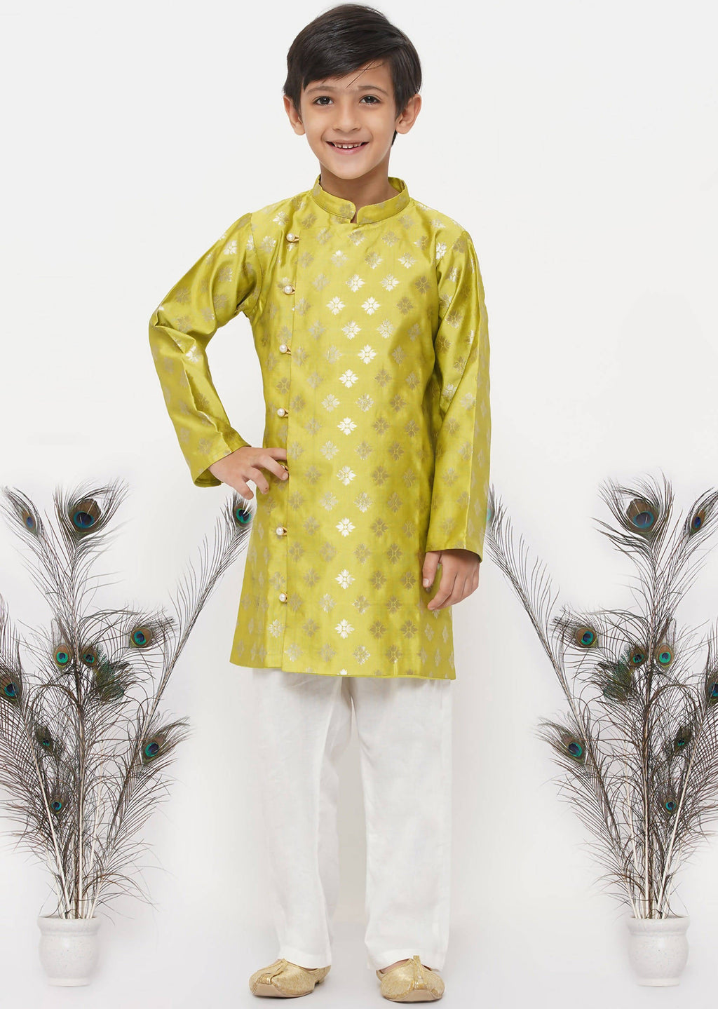 Little Bansi Boys Banarsi Silk Sherwani & Pyjama - Apple Green & Cream | Grocsy
