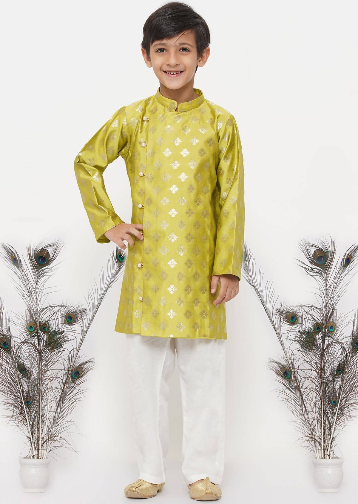 Little Bansi Boys Banarsi Silk Sherwani & Pyjama - Apple Green & Cream | Grocsy