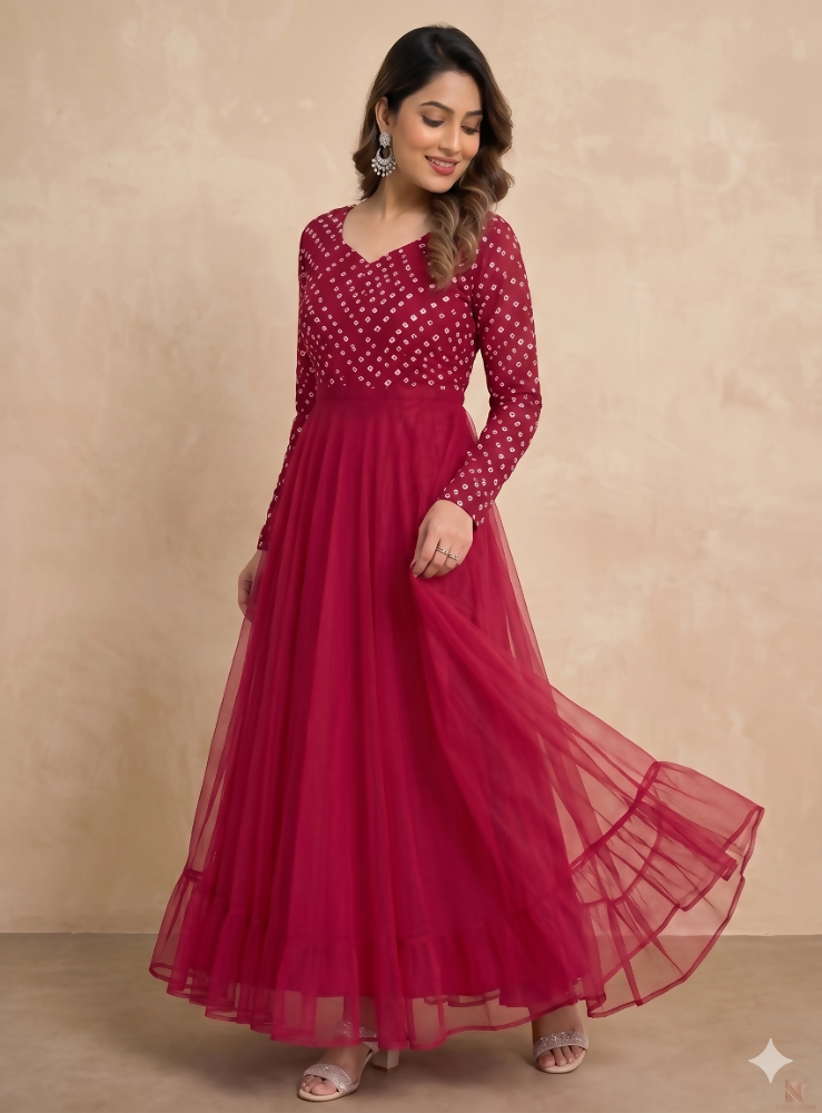 Teeya Creation Women's Pink Bandhani Print Anarkali Gown | Grocsy