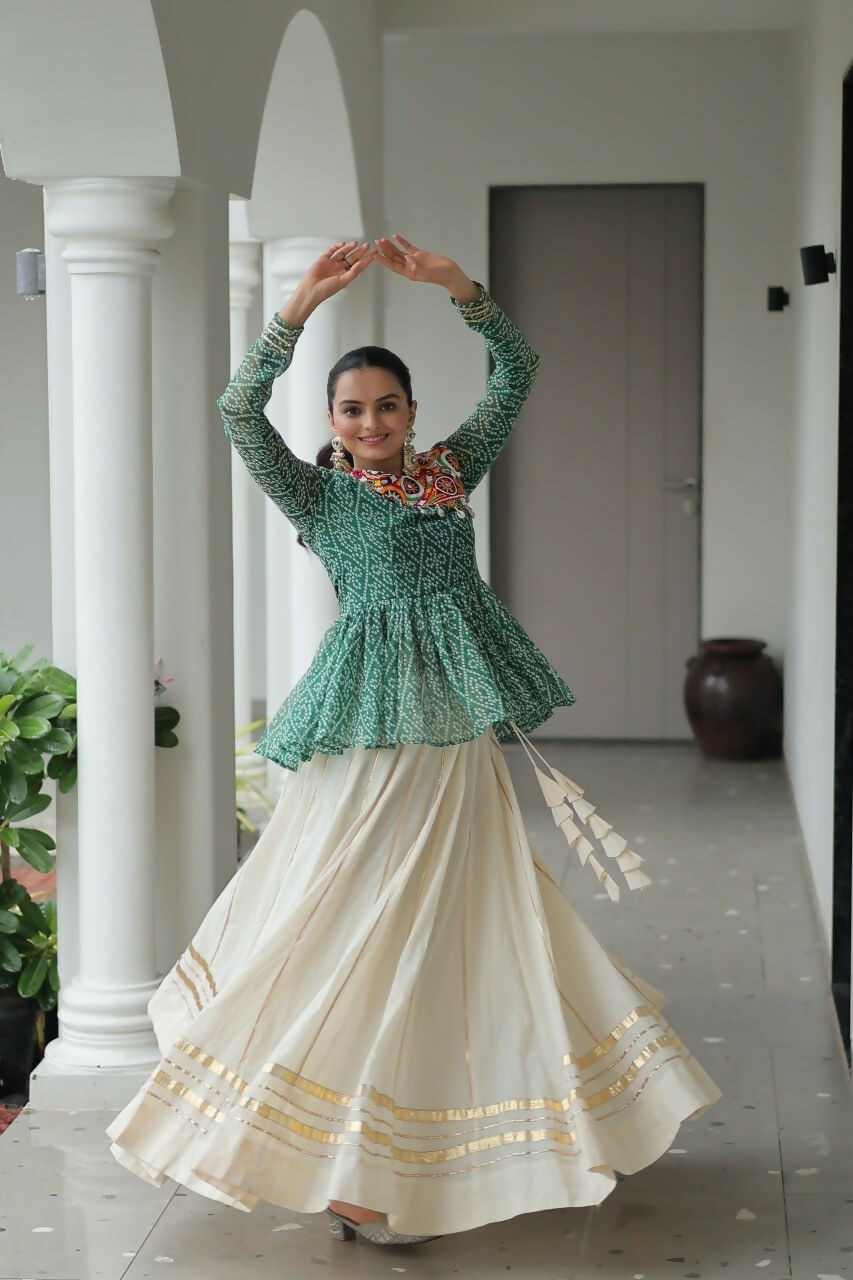 Teeya Creation Green And White Colour Cotton Printed Navratri Lehenga Choli | Grocsy