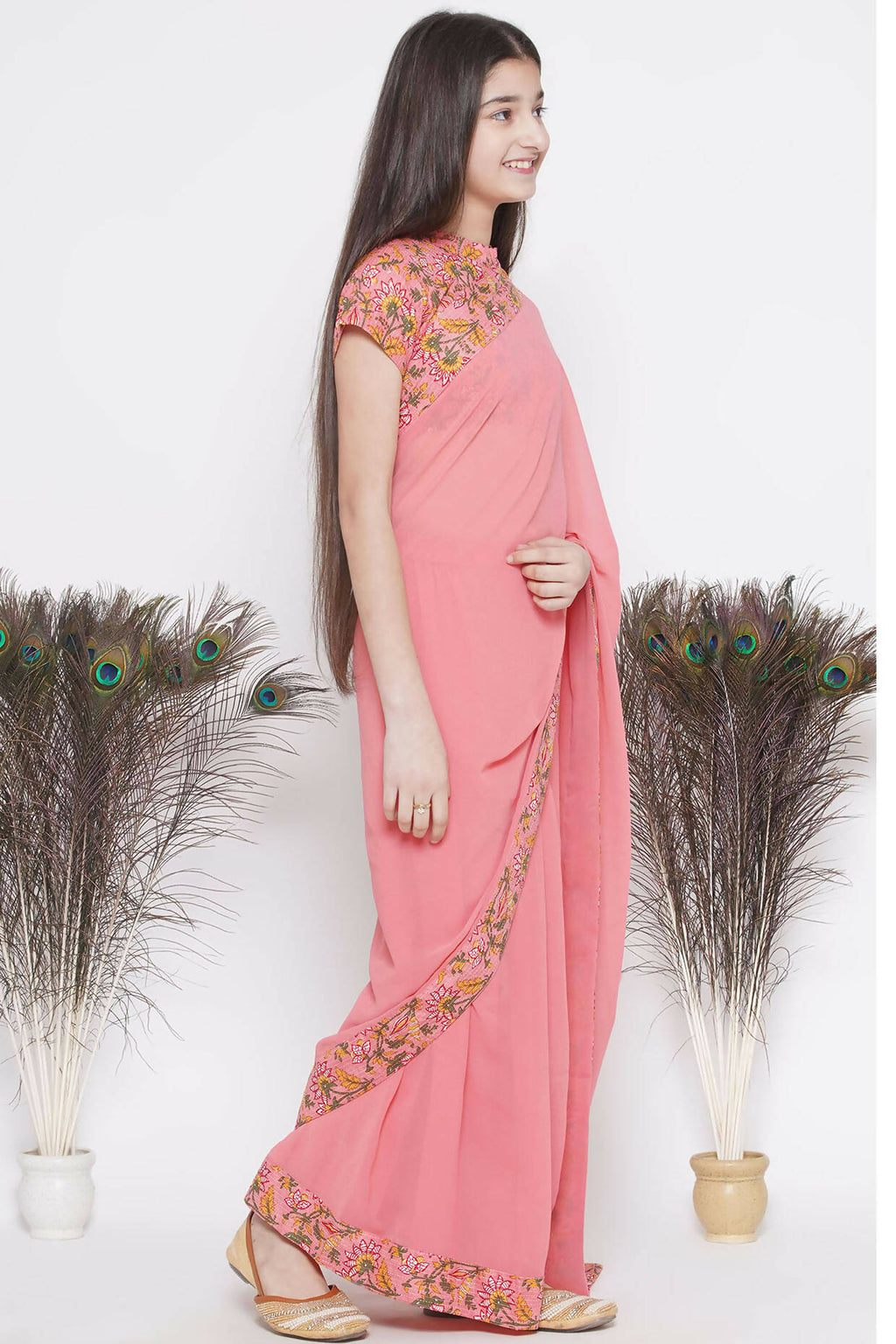 Little Bansi Floral Print Ready To Wear Saree And Floral Blouse - Coral | Grocsy