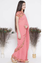 Little Bansi Floral Print Ready To Wear Saree And Floral Blouse - Coral | Grocsy
