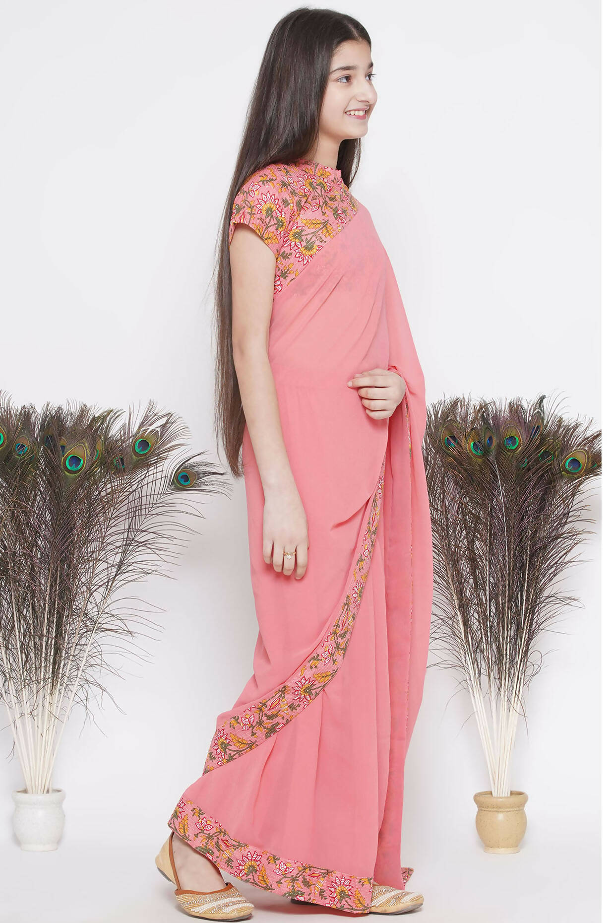 Little Bansi Floral Print Ready To Wear Saree And Floral Blouse - Coral | Grocsy