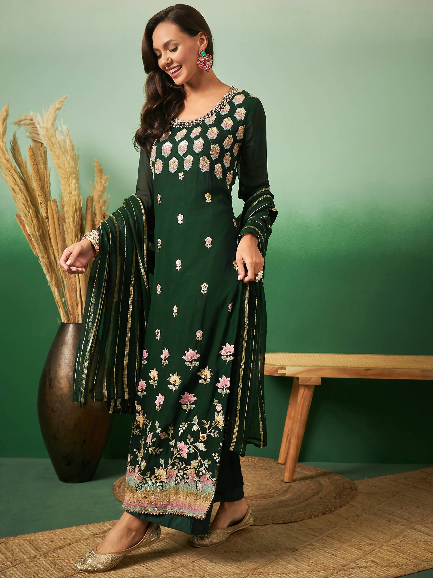 Green Georgette Handwork Unstitched Dress Material - Hanika | Grocsy
