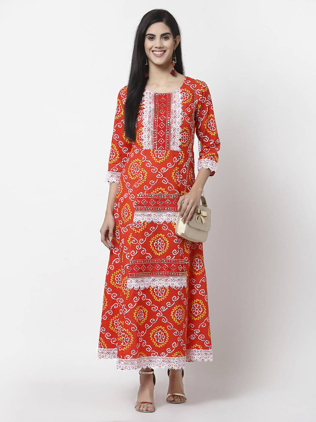 Myshka Women's Pure Cotton Round Neck Printed 3/4 Sleeve Dress | Grocsy