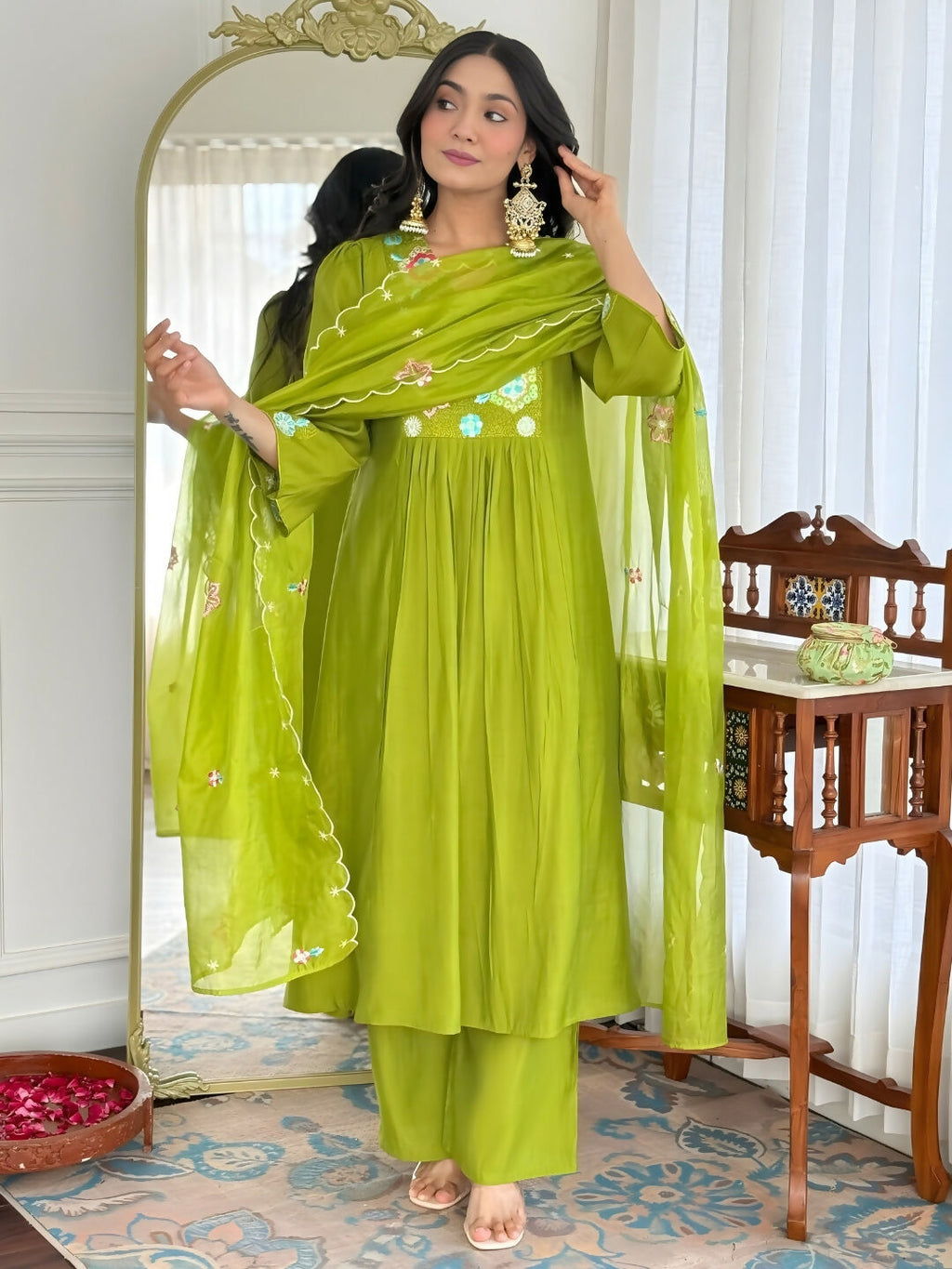 The52 Women's Beautiful Embroidery Work Viscose Silk Fabric Flared Kurta Pant and Dupatta Set-Liril | Grocsy