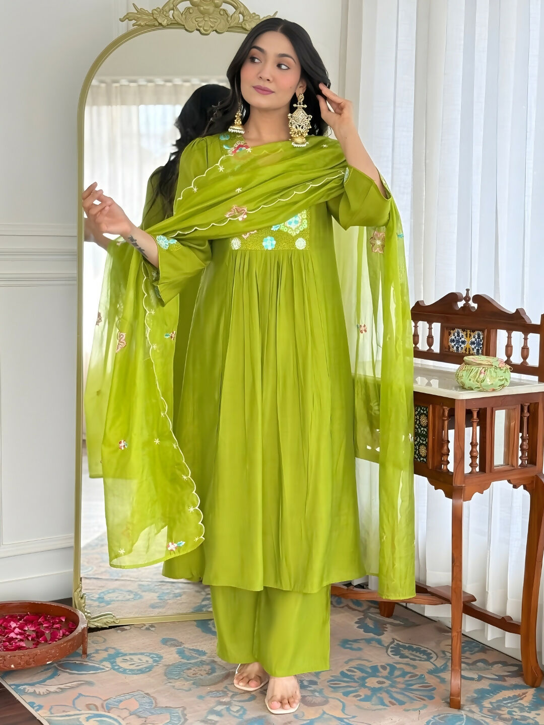 The52 Women's Beautiful Embroidery Work Viscose Silk Fabric Flared Kurta Pant and Dupatta Set-Liril | Grocsy