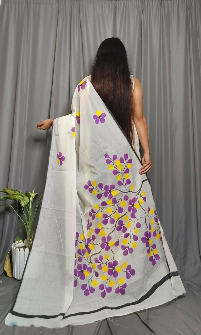 Exclusive Collection Beautiful White Purple Pure Cotton Hand Print Handloom Saree With Running Blouse Piece | Grocsy