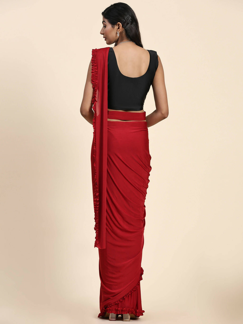 Red Imported Fabric Plain Ready to wear Saree with stitched Blouse - Vrinda | Grocsy