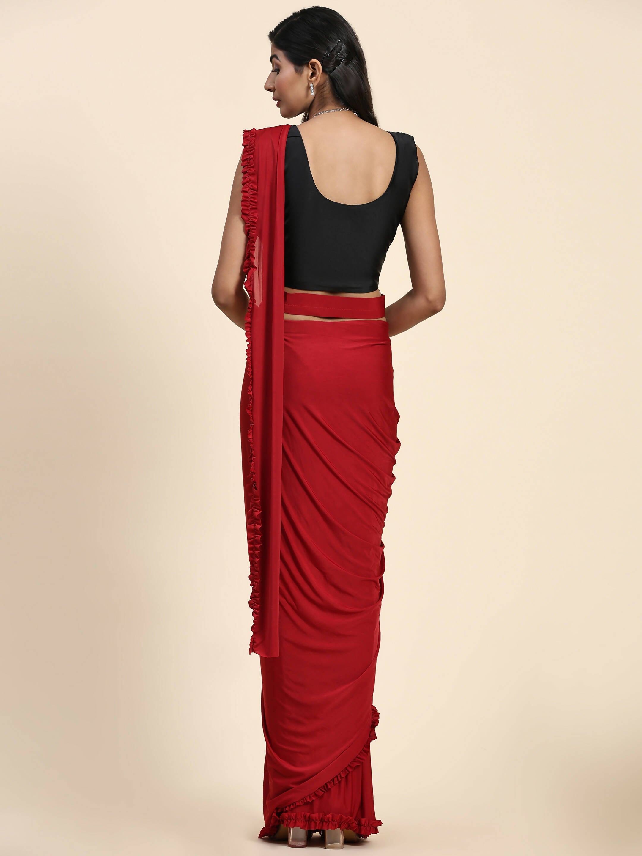 Red Imported Fabric Plain Ready to wear Saree with stitched Blouse - Vrinda | Grocsy
