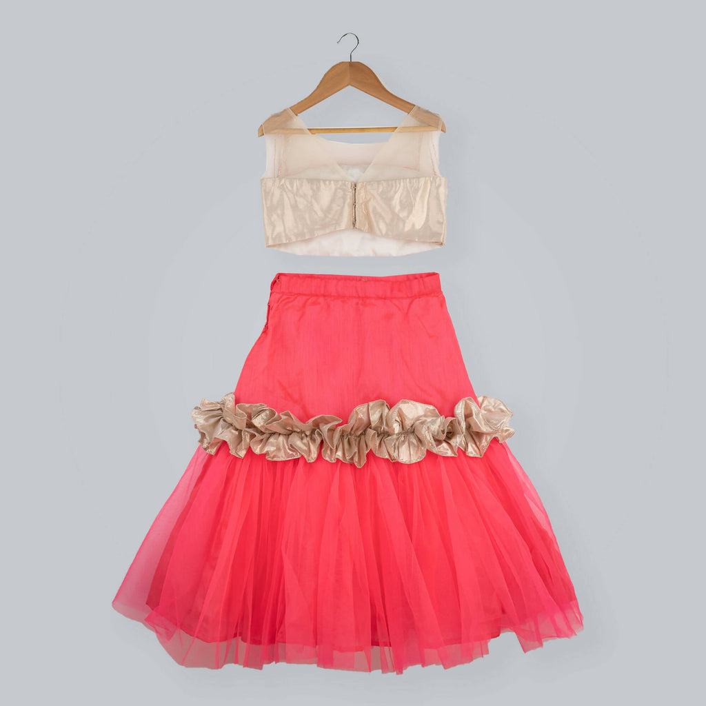 Pink Cow Fashions Golden & Pink Ghagra Choli With Frill | Grocsy