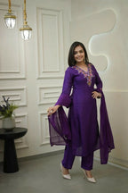 The52 Purple Women's Gorgeous Vichitra Fabric Embroidered Work Straight Kurta Pant and Dupatta Set | Grocsy
