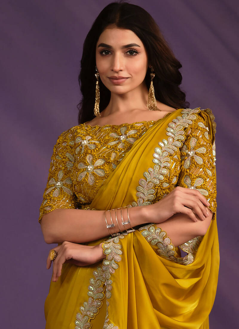 Mustard Crepe Satin Silk Embroidered Saree With Stitched Blouse - Mohmanthan Exotica | Grocsy