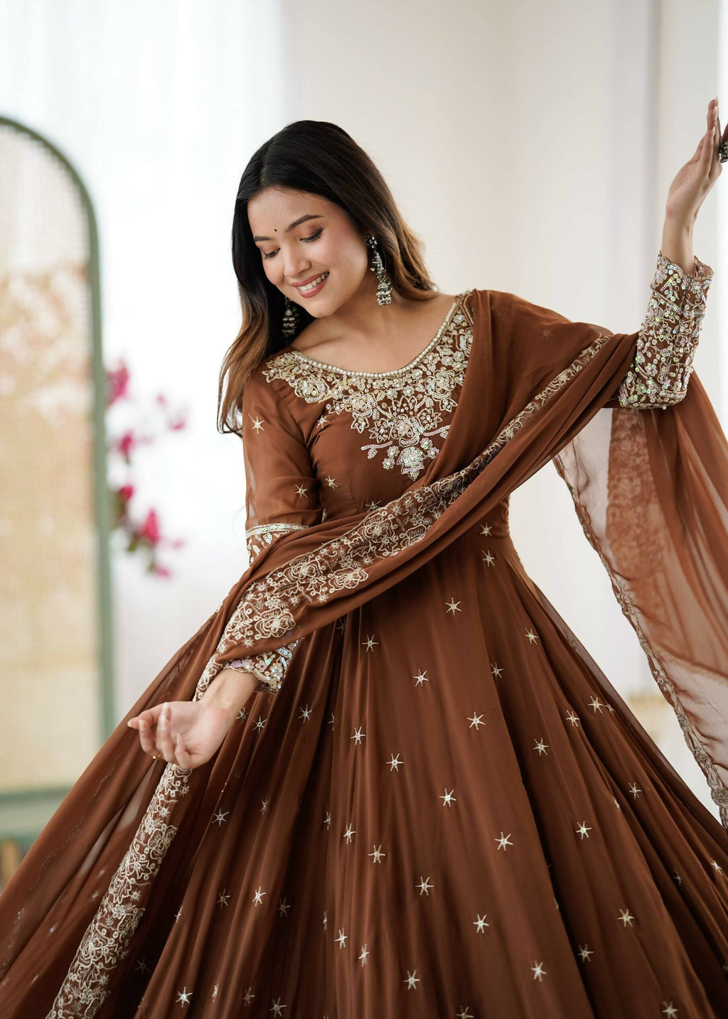 Teeya Creation Browm Color Faux georgette Embroidery Work Wedding Wear Gown | Grocsy