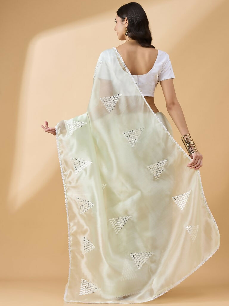 Green Tissue Slub Embroidered Saree with Unstitched Blouse - Vairagi | Grocsy
