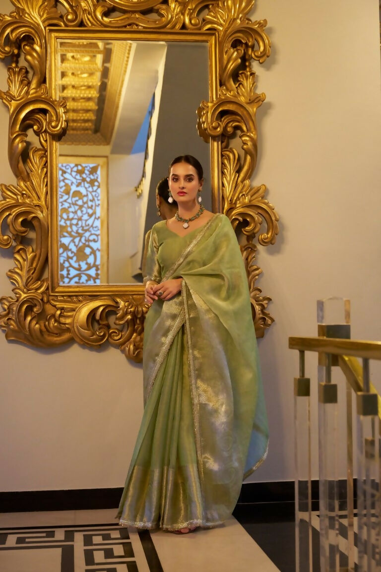Vastranavya Pista Tissue Shimmer Zari Weaving Work Saree with Unstitched Blouse | Grocsy