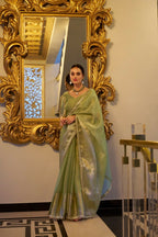 Vastranavya Pista Tissue Shimmer Zari Weaving Work Saree with Unstitched Blouse | Grocsy