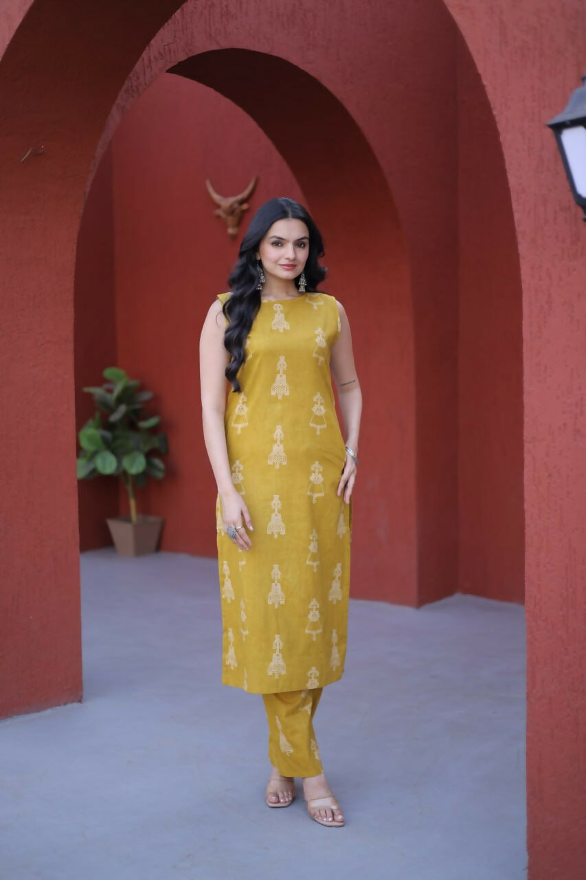 Teeya Creation Womens New Trendy Summer War Printed Cotton Gown Set-Yellow | Grocsy