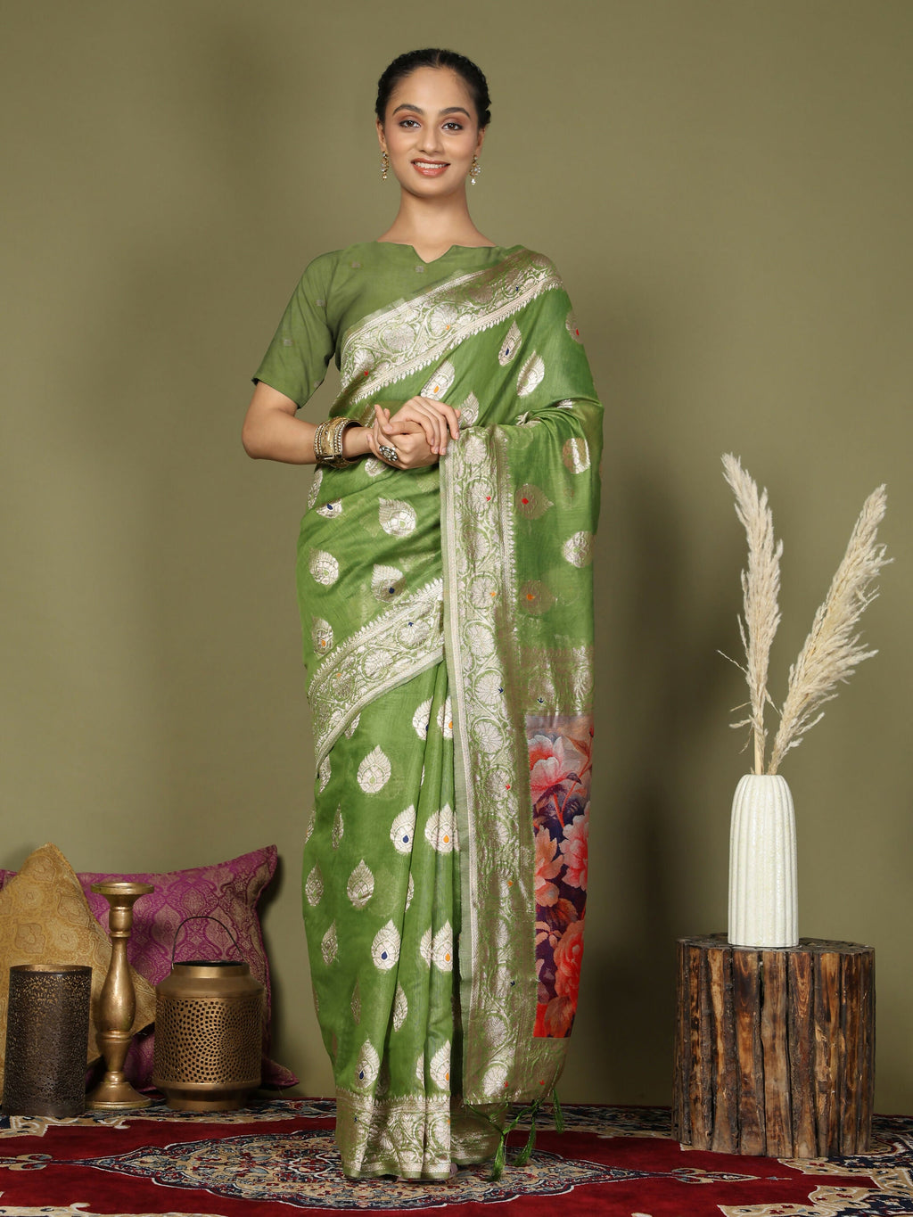 Shree Shyam Fashion Linen Cotton Green Saree | Grocsy