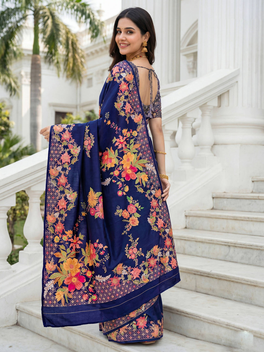 Aastha Fashion Royal Blue Premium Russian Silk Designer Floral Position Print Saree | Grocsy