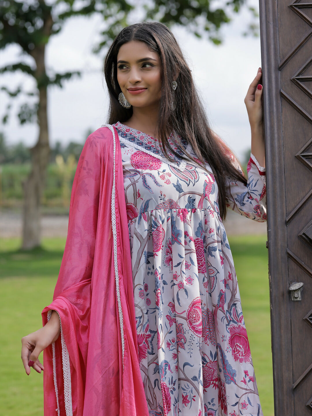 The52 Women's Beautiful Rayon Fabric Printed Work Flared Kurta Pant and Dupatta Set | Grocsy