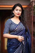 Blue Pure Chanderi Hand Block Saree with Unstitched Blouse - Hiral Fashion | Grocsy