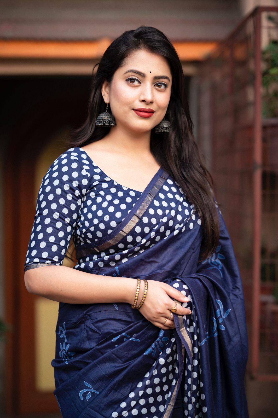 Blue Pure Chanderi Hand Block Saree with Unstitched Blouse - Hiral Fashion | Grocsy
