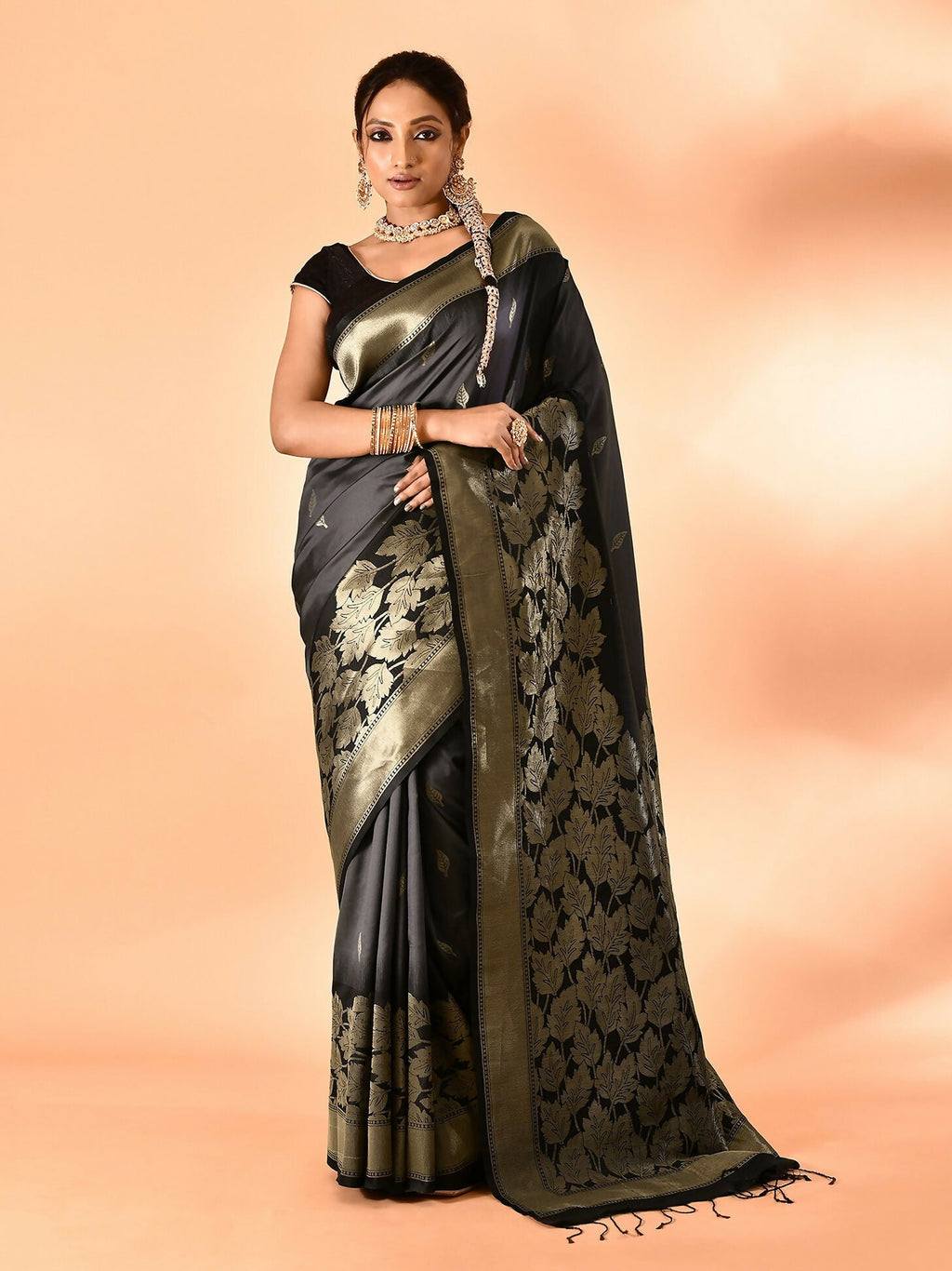 Joban Fashion Grey & Black Plain With Weaving Border Banarasi Silk Sarees | Grocsy