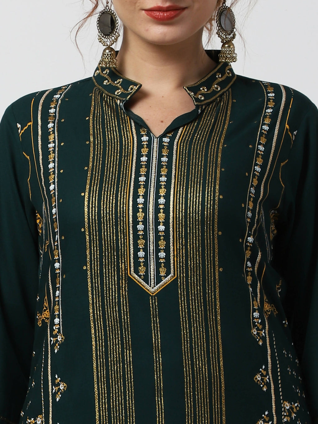Cheera Embellished Daily Wear Cotton Blend Kurta With Palazoo - Bottle Green | Grocsy