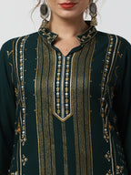 Cheera Embellished Daily Wear Cotton Blend Kurta With Palazoo - Bottle Green | Grocsy