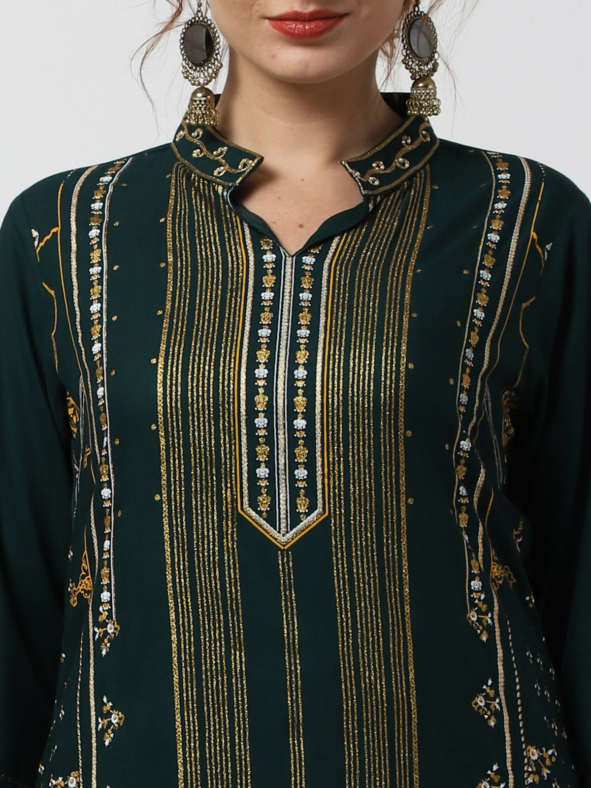 Cheera Embellished Daily Wear Cotton Blend Kurta With Palazoo - Bottle Green | Grocsy