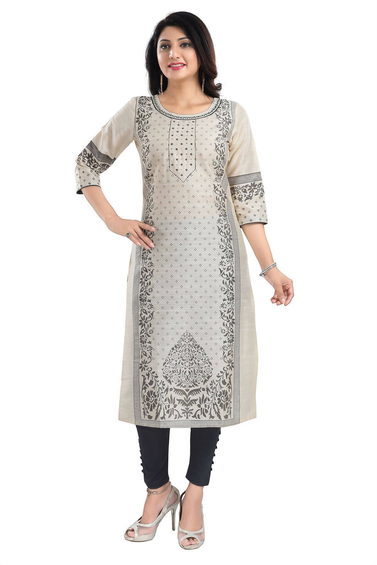 Snehal Creations Cream Raw Silk Block Print Long Kurta For Women | Grocsy