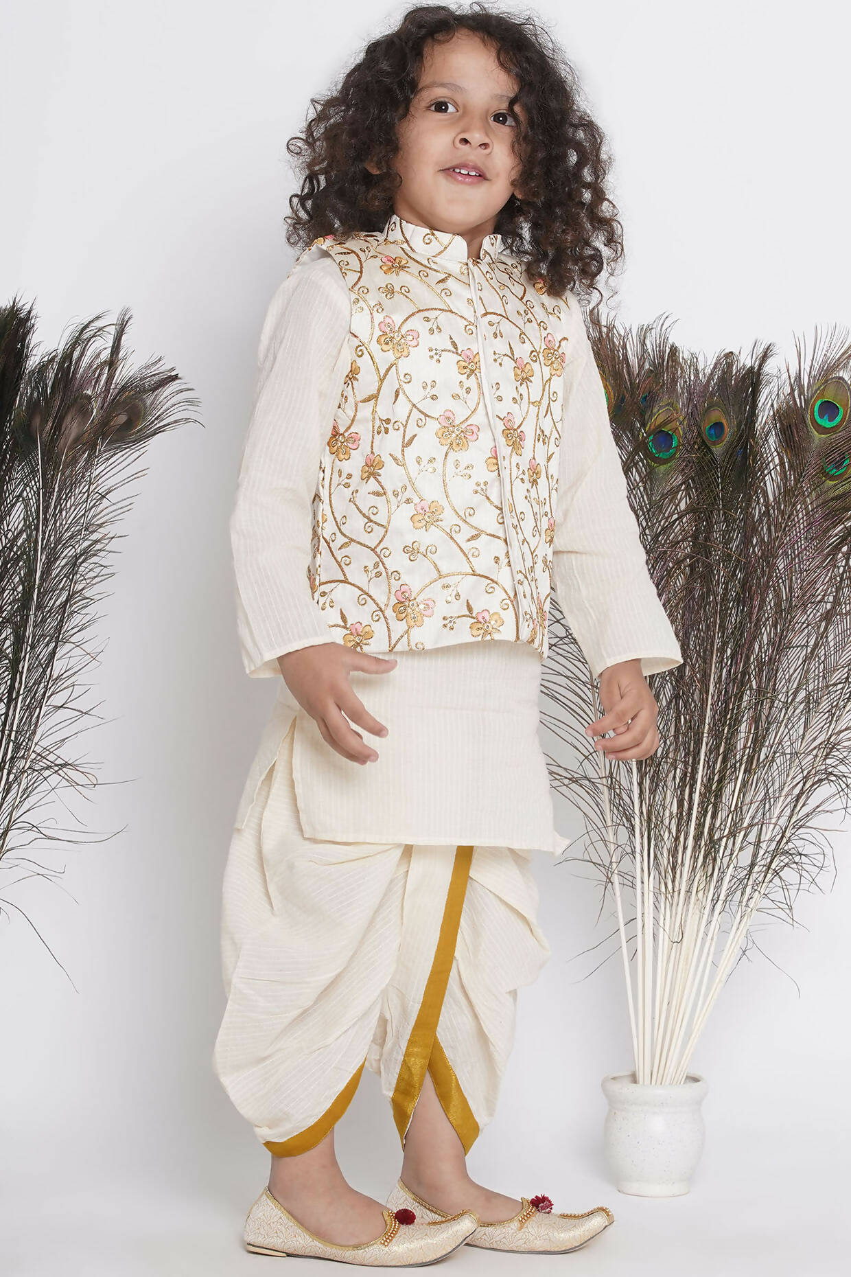 Little Bansi Banarsi Silk Orange Pink Floral Embroidery Jacket With Cotton Kantha kurta And Kantha Dhoti - Cream | Grocsy
