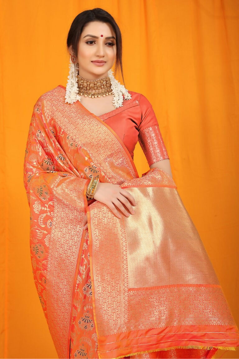 Jyoti Fashion Women's Orange Kanjivaram Silk Zari Woven Saree with Blouse | Grocsy