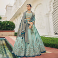 Sky Blue Heavy Viscose Khatli, Embroidery & Mirror Work Unstitched Lehenga Choli - Sisha Keshav | Grocsy