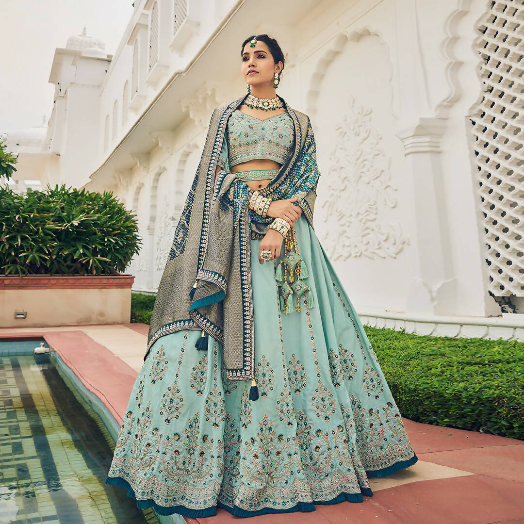 Sky Blue Heavy Viscose Khatli, Embroidery & Mirror Work Unstitched Lehenga Choli - Sisha Keshav | Grocsy
