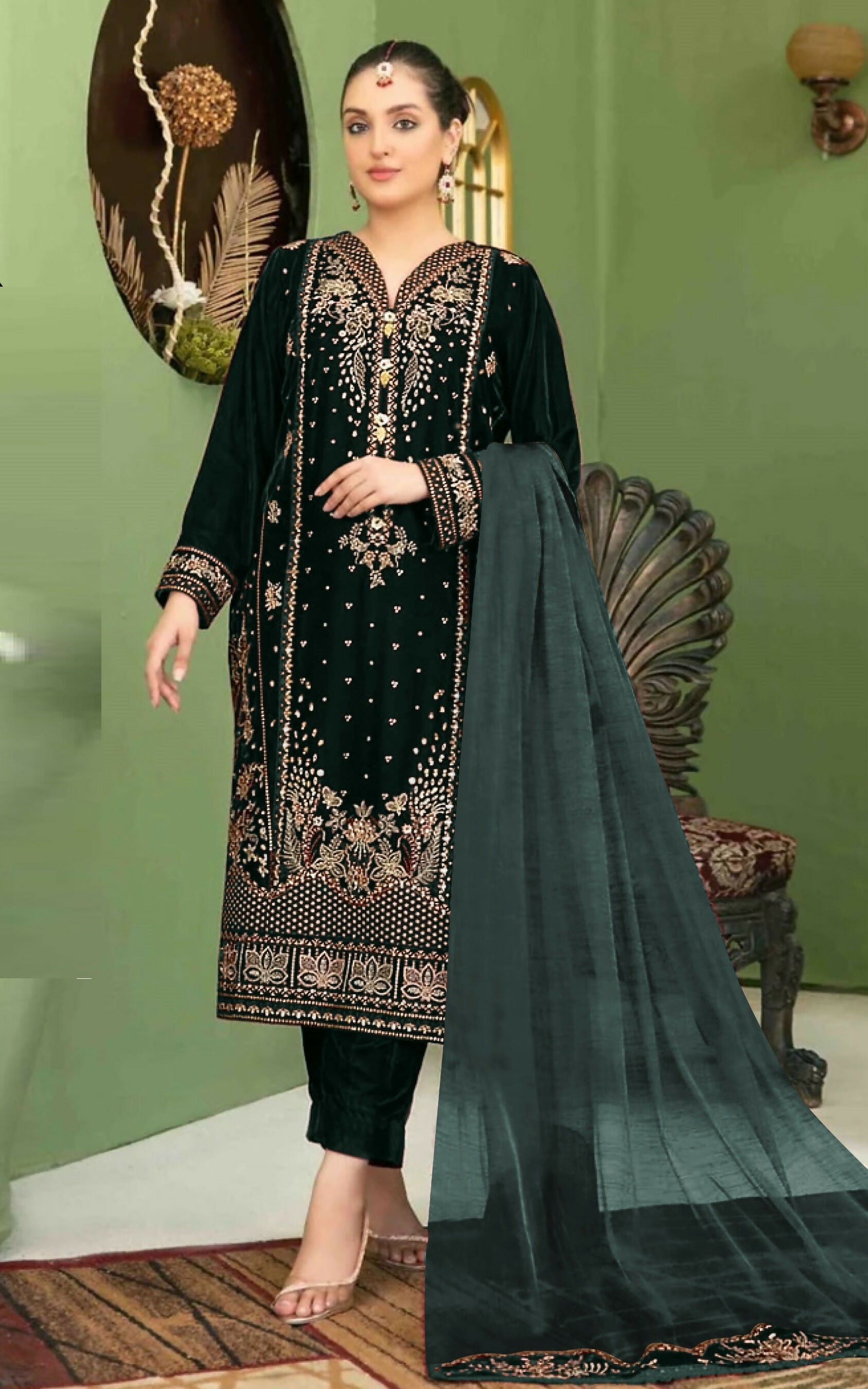 Anaita Black Velvet Suit with Embroidery Sequence Work | Grocsy