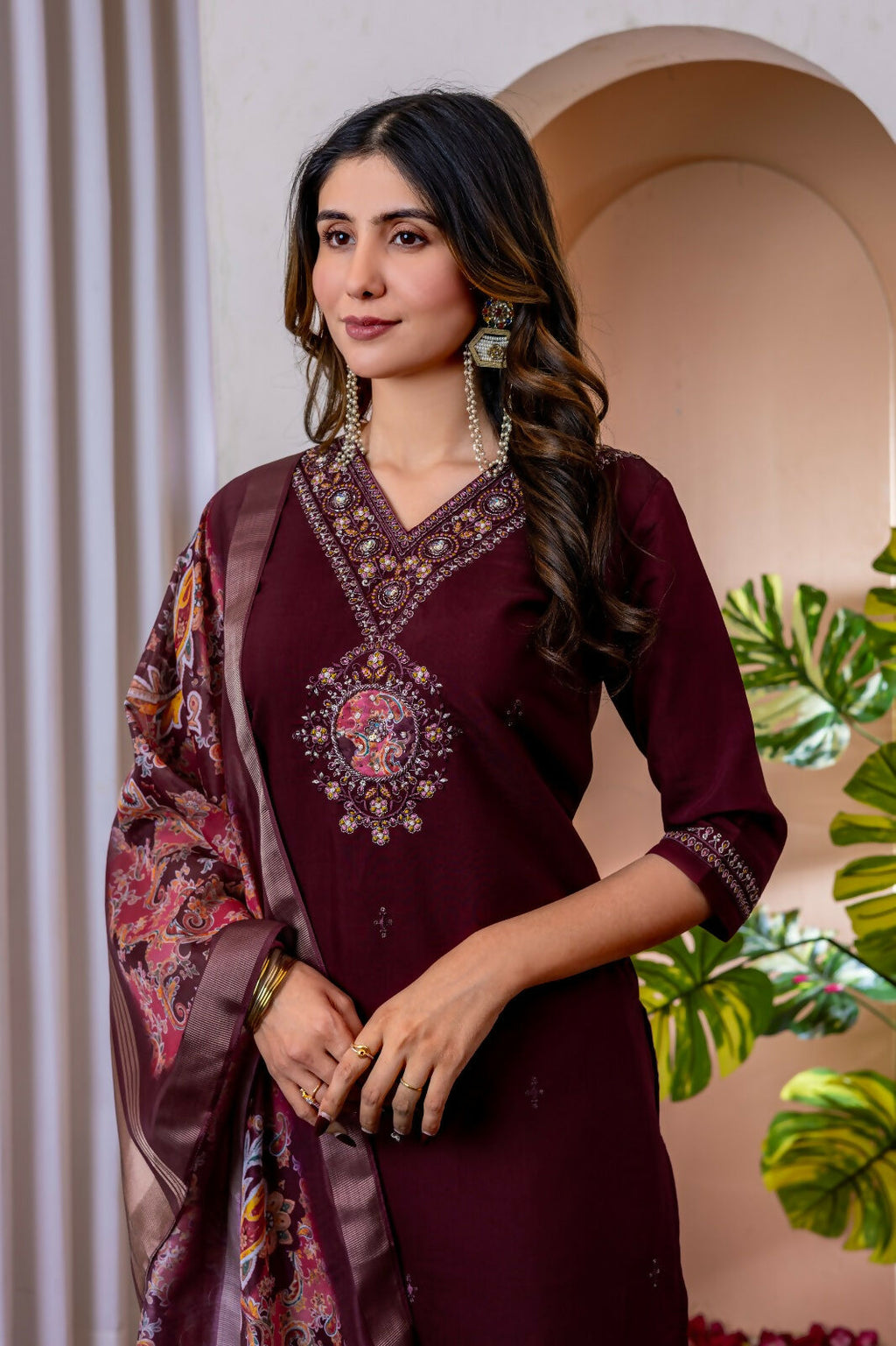 Teeya Creation Womens Wine Embroidered Kurta Pant Set | Grocsy