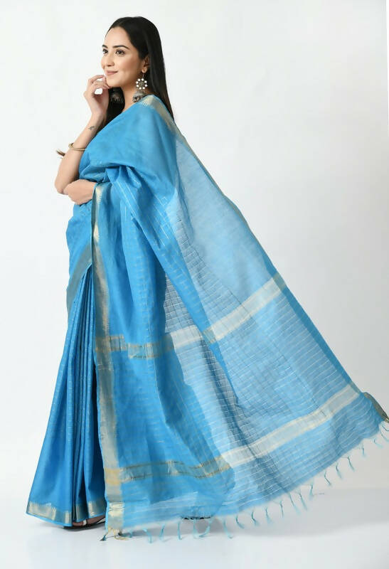 Mominos Fashion Moeza Sky Blue Bhagalpuri Handloom Silk Raj Shree Saree with unstitched Blouse piece | Grocsy